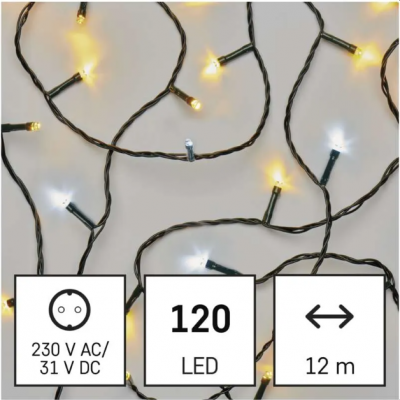 Lampki choinkowe Classic 120 LED 12m ciepła + zimna biel, zielony przewód, IP44, timer EMOS (D4AN05)